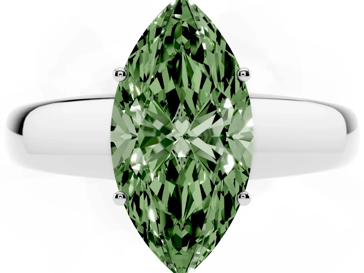 Fancy Green Marquise Cut Solitaire Diamond Ring with Tapered Band and Four-Prong Setting Platinum