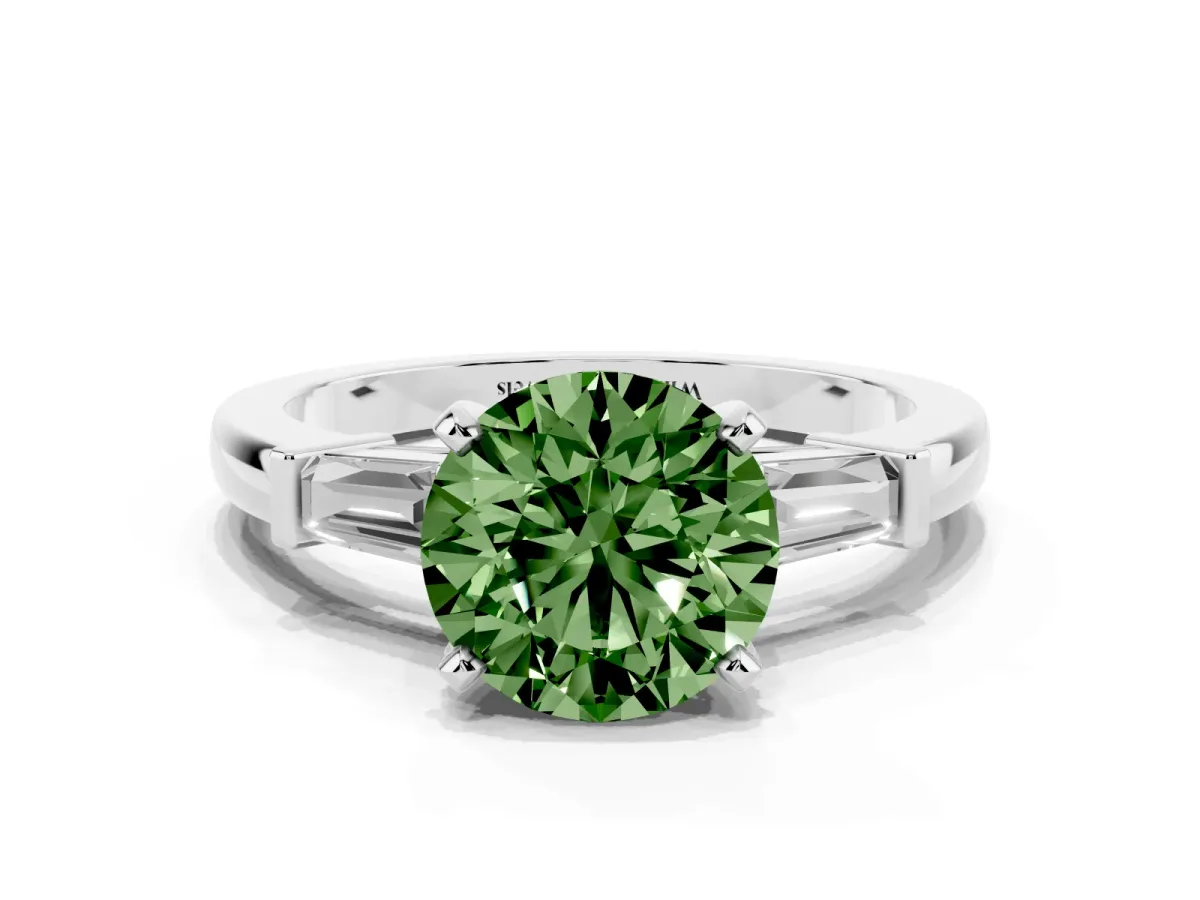 Fancy Green Round Cut Cut Diamond Solitaire Ring with Tapered Baguette Accents and Four-Prong Setting Silver