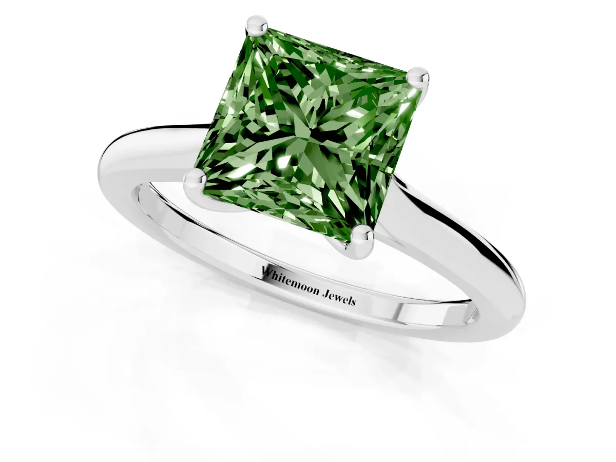 Fancy Green Princess Cut Cut Solitaire Ring with Cathedral Band and Four-Prong Setting Silver