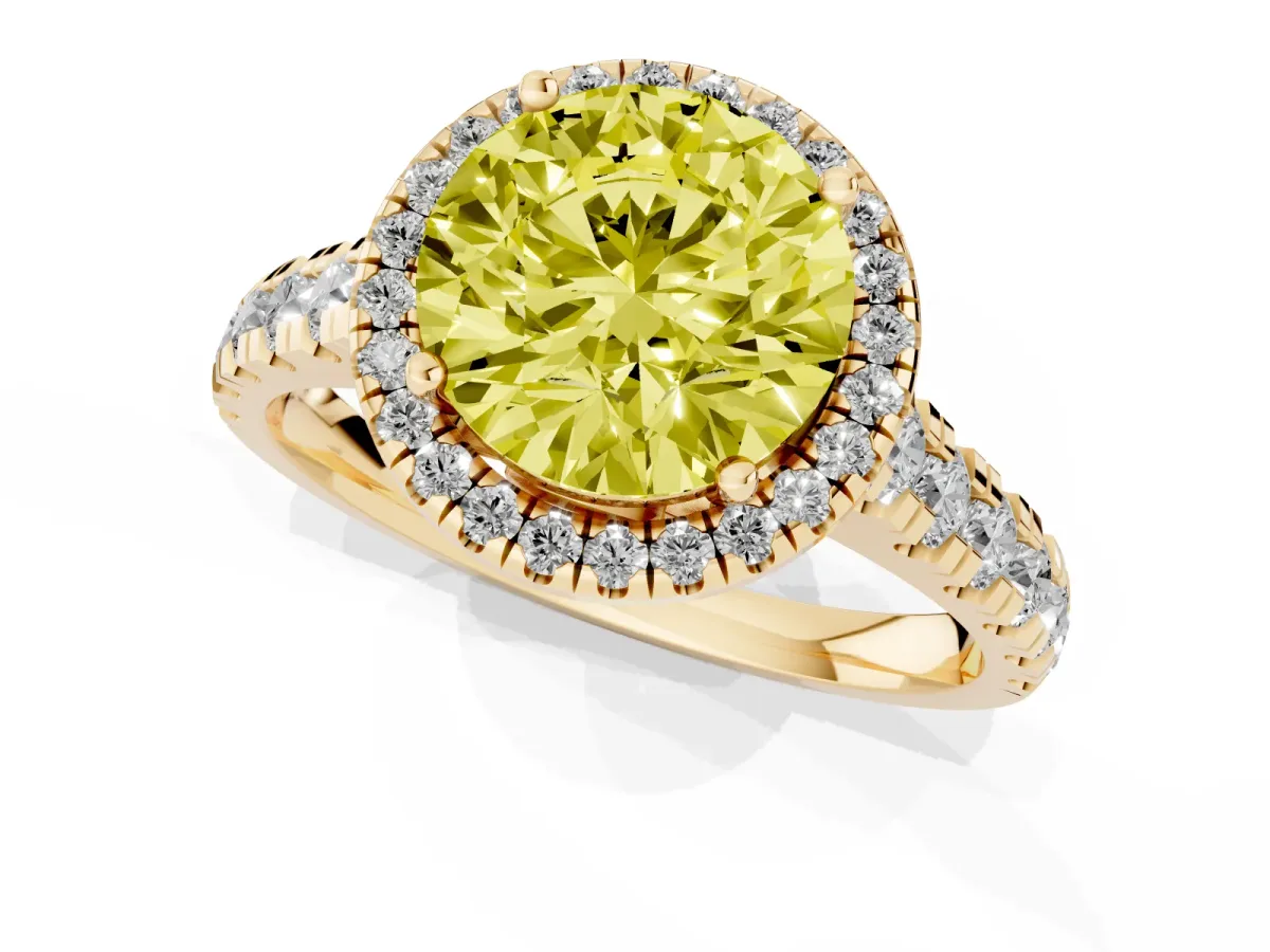 Fancy Yellow Round Cut Halo Pavé Diamond Engagement Ring with Four-Prong Setting Yellow gold
