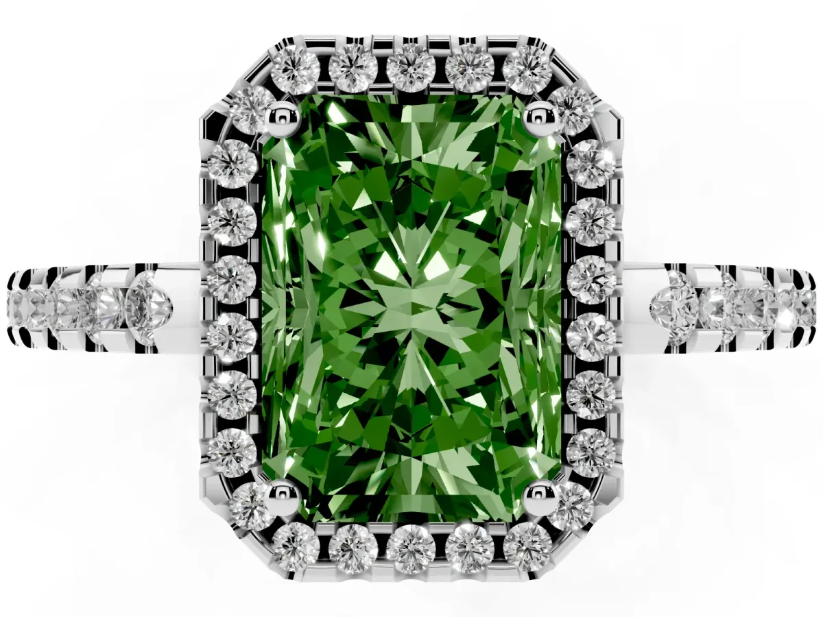 Fancy Green Radiant Cut Diamond Halo Engagement Ring with Pavé Band and Prong Setting Platinum