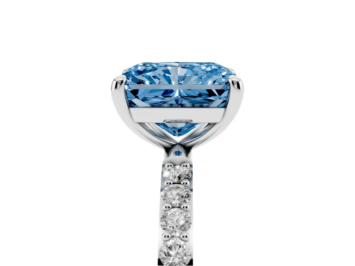 Fancy Blue Radiant Cut Diamond Solitaire Ring with Round Pavé Band and Prong Setting Silver