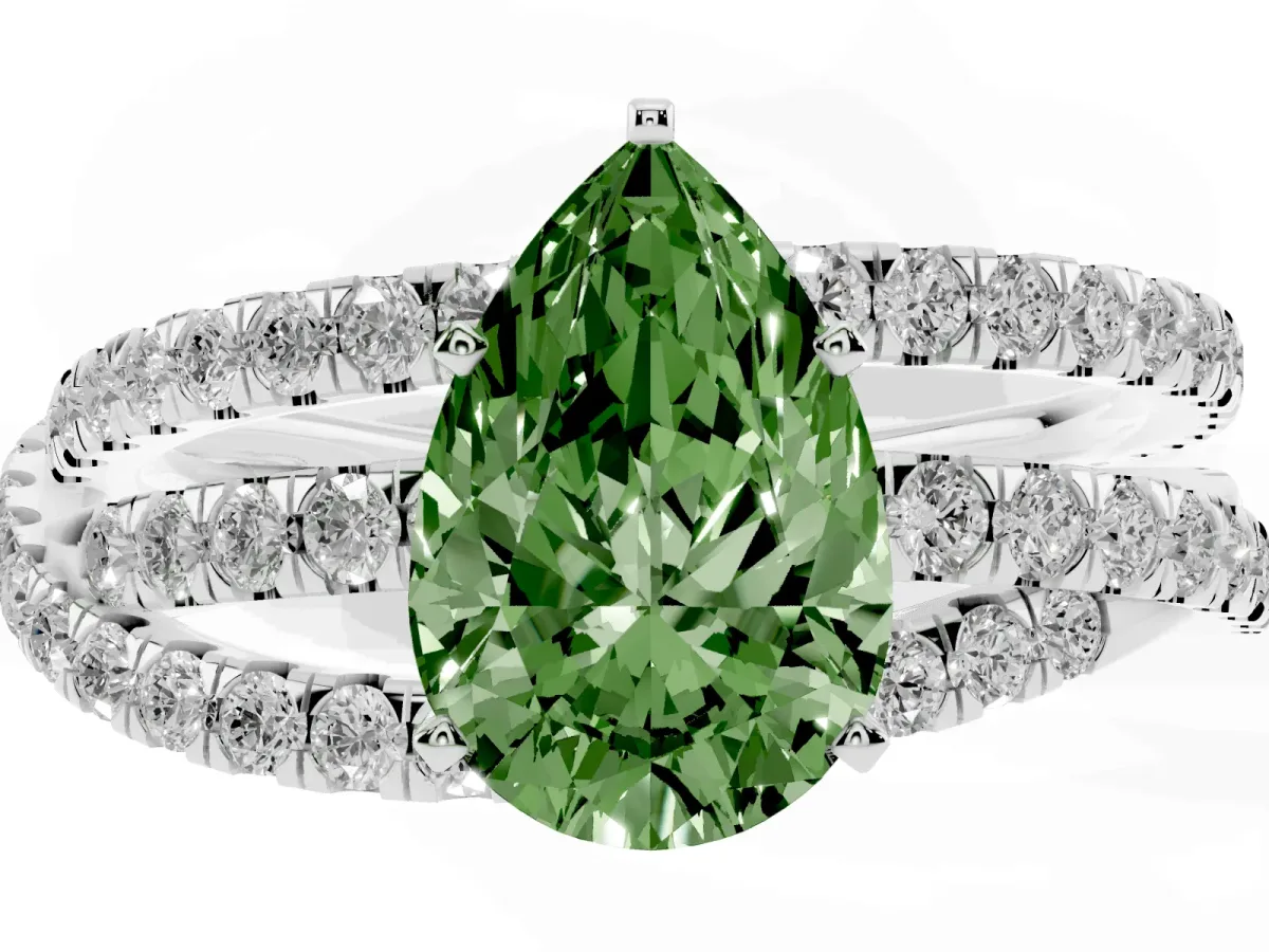 Fancy Green Pear Cut Solitaire Twist Band with Pavé Setting and Four-Prong Setting Silver