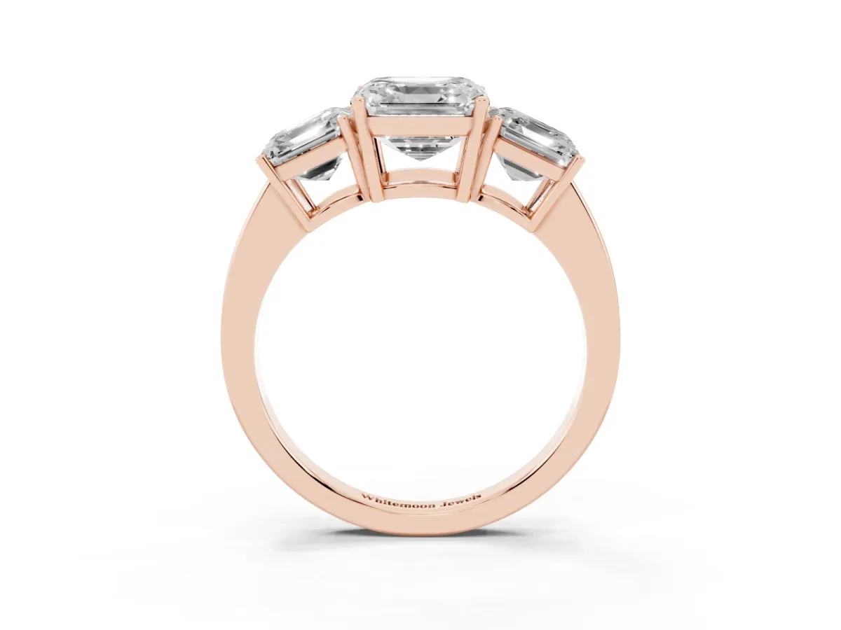 Three-Stone Asscher Cut Cut Diamond Engagement Ring with Flat Band and Four-Prong Setting Rose gold