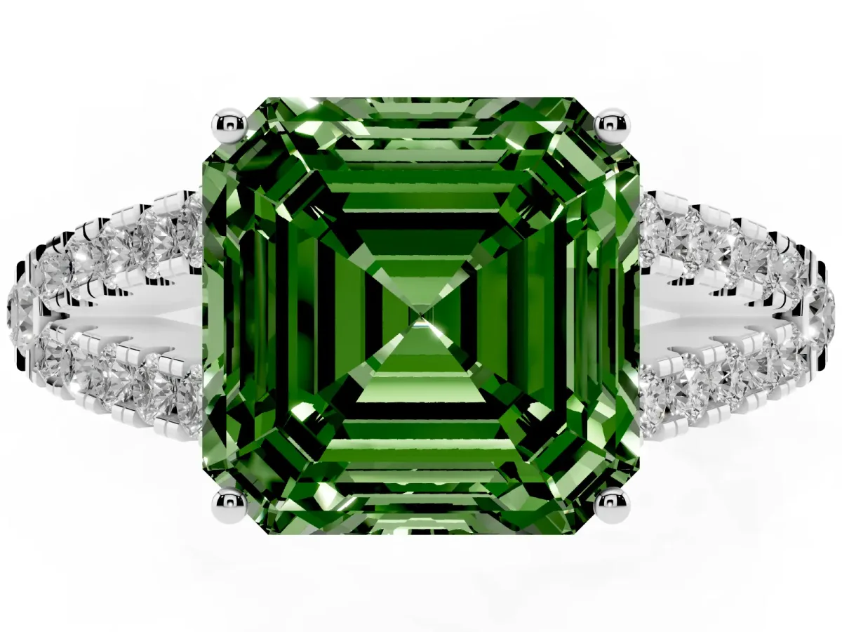 Fancy Green Asscher Cut Diamond Split Shank Pavé Engagement Ring with Four-Prong Setting Platinum