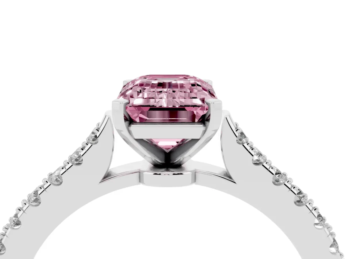 Fancy Pink Emerald Cut Cut Solitaire Diamond Engagement Ring with Pave Band and Four-Prong Setting Platinum
