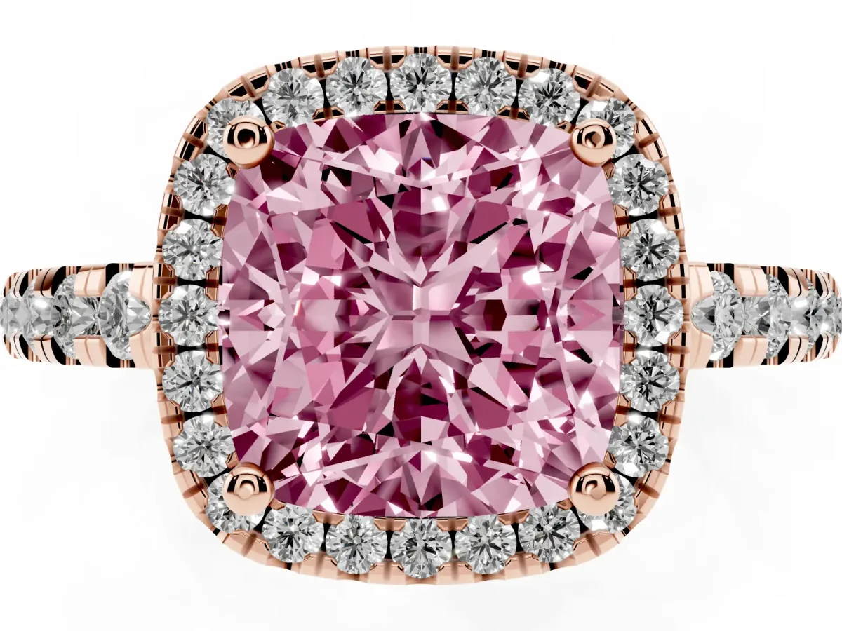 Fancy Pink Cushion Cut Diamond Halo Ring with Pavé Band and Four-Prong Setting Rose gold