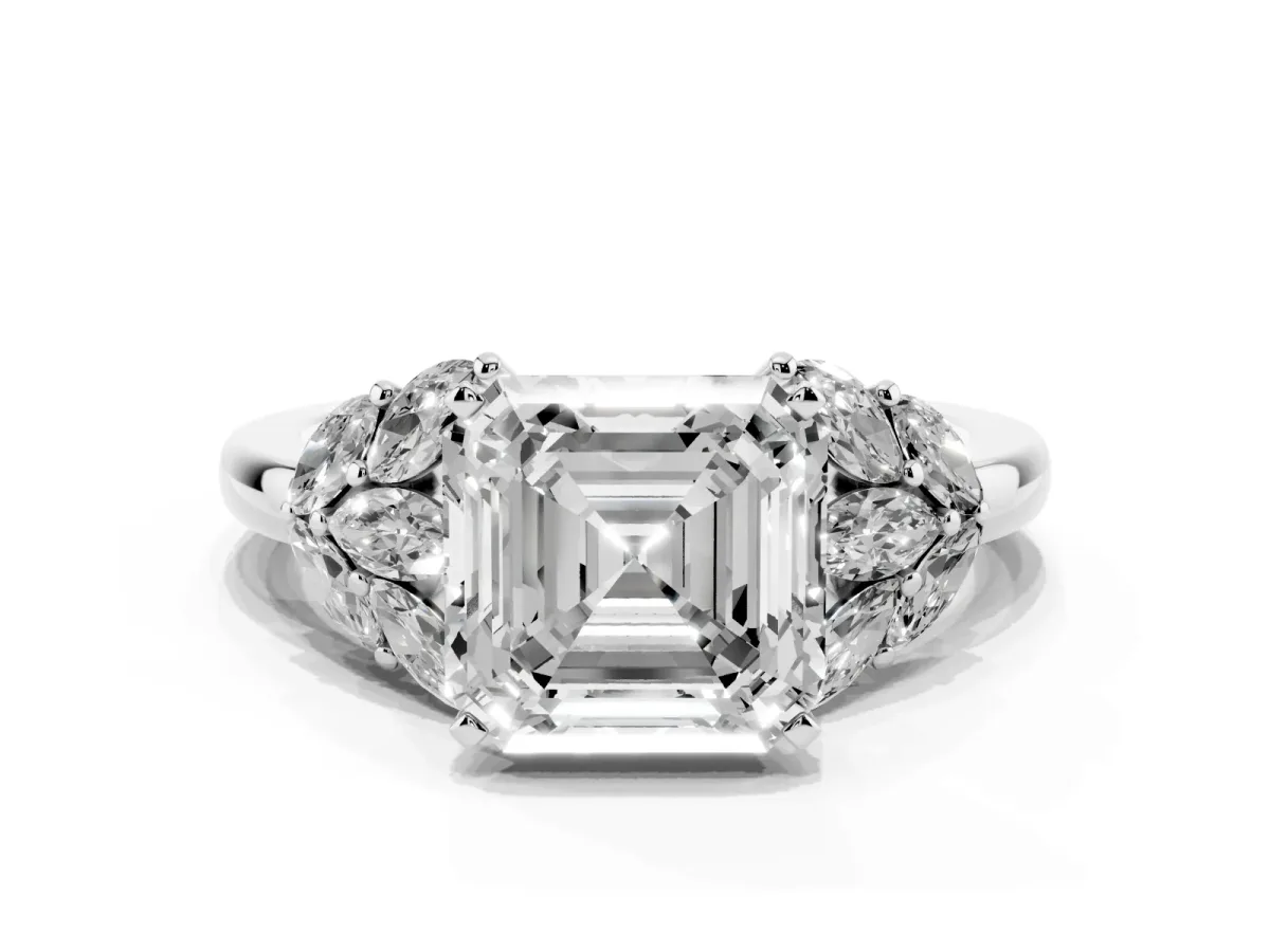 Asscher Cut Diamond Cluster Leaf Design Ring with Prong Setting White gold