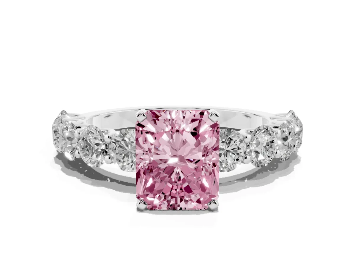 Fancy Pink Radiant Cut Diamond Prong Setting with Side Stones on a Pave Band Silver