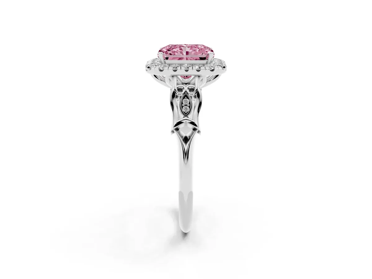 Fancy Pink Radiant Cut Halo Diamond Engagement Ring with Filigree Band and Four-Prong Setting Platinum