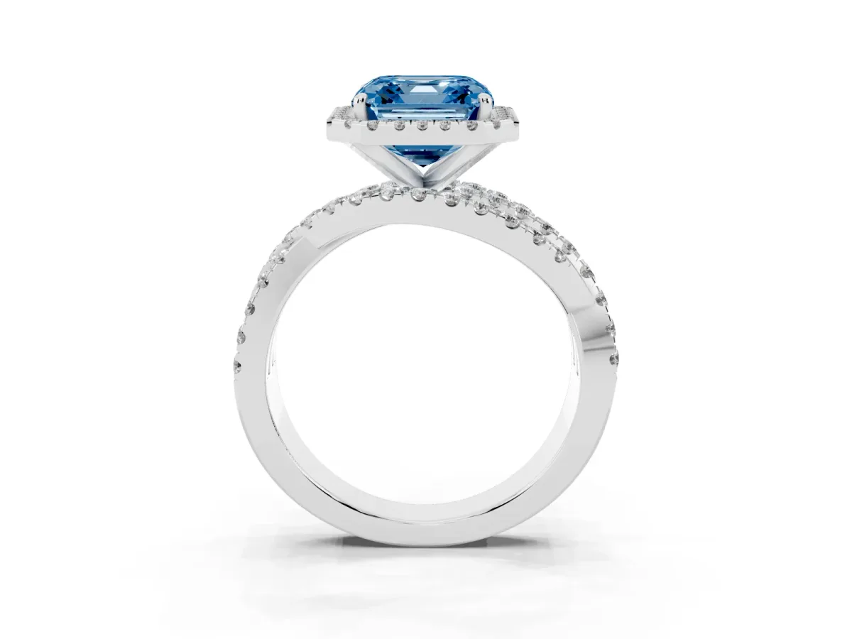 Fancy Blue Asscher Cut Diamond Halo Ring with Round Split Shank and Prong Setting Silver