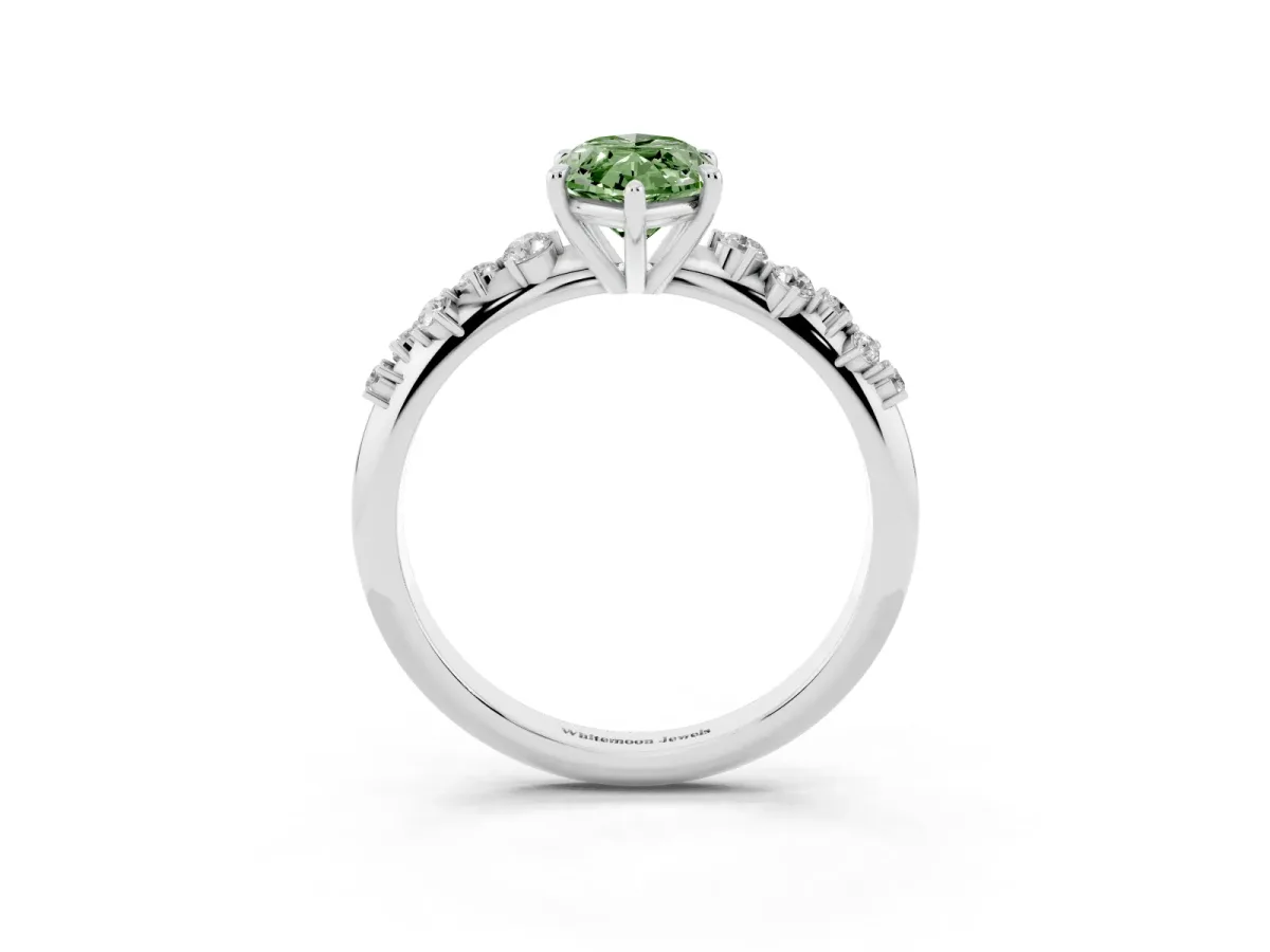 Fancy Green Marquise Cut Diamond Cluster Side Stone Solitaire Ring with Prong Setting Silver
