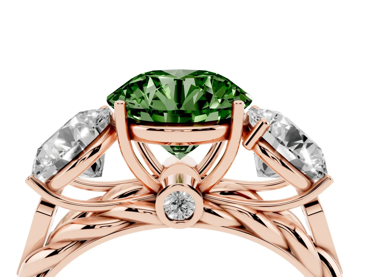 Fancy Green Three-Stone Round Cut Diamond Braided Band Ring with Four-Prong Setting Rose gold