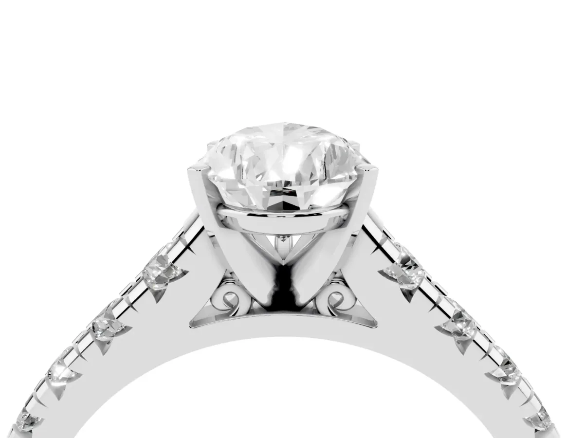 Pear Cut Diamond Cathedral Solitaire Ring with Round Pavé Band Platinum