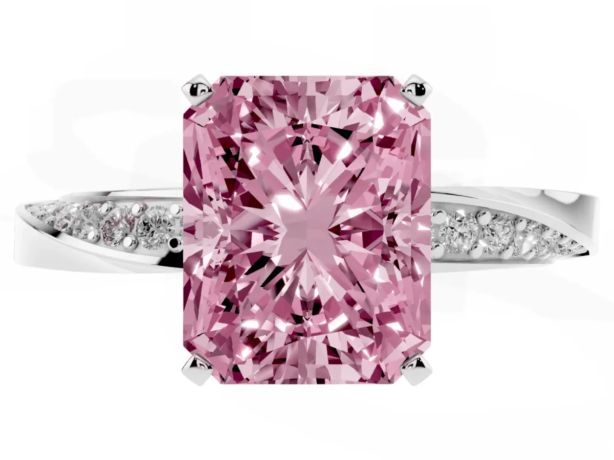 Fancy Pink Radiant Cut Diamond Engagement Ring with Side Stone Accents and Four-Prong Setting White gold