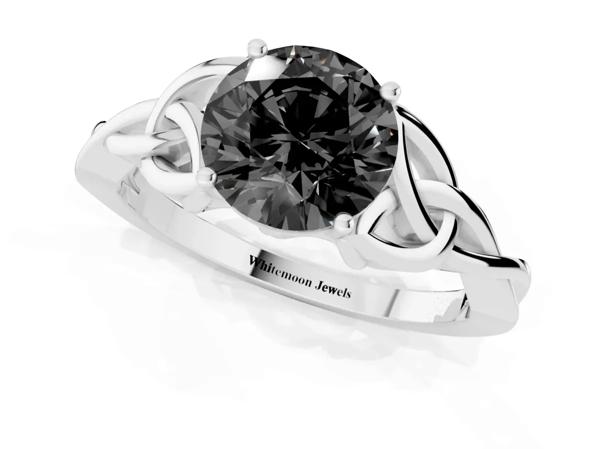 Fancy Black Round Cut Diamond Solitaire Engagement Ring with Celtic Knot Band and Four-Prong Setting White gold