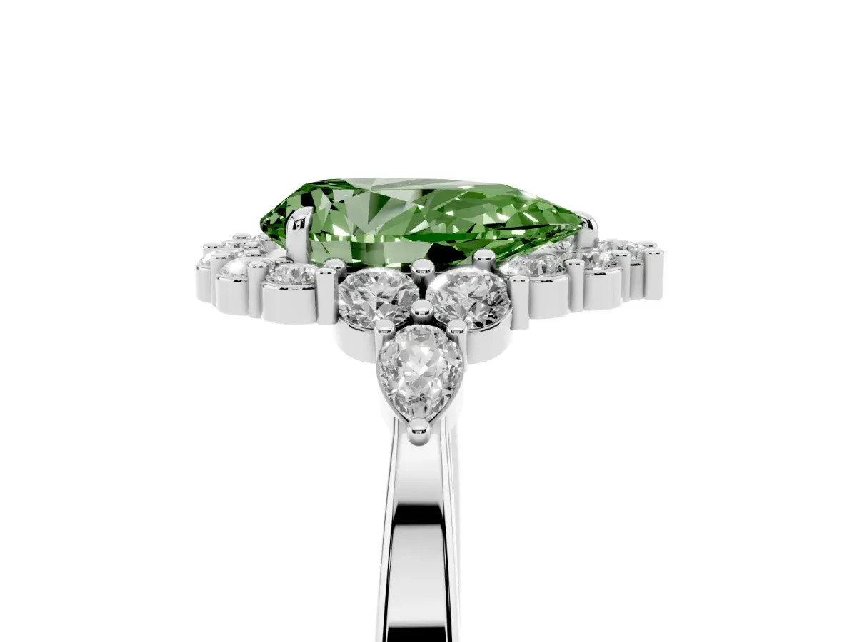 Fancy Green Pear Cut Diamond Halo Ring with Pear Side Stones and Prong Setting Silver