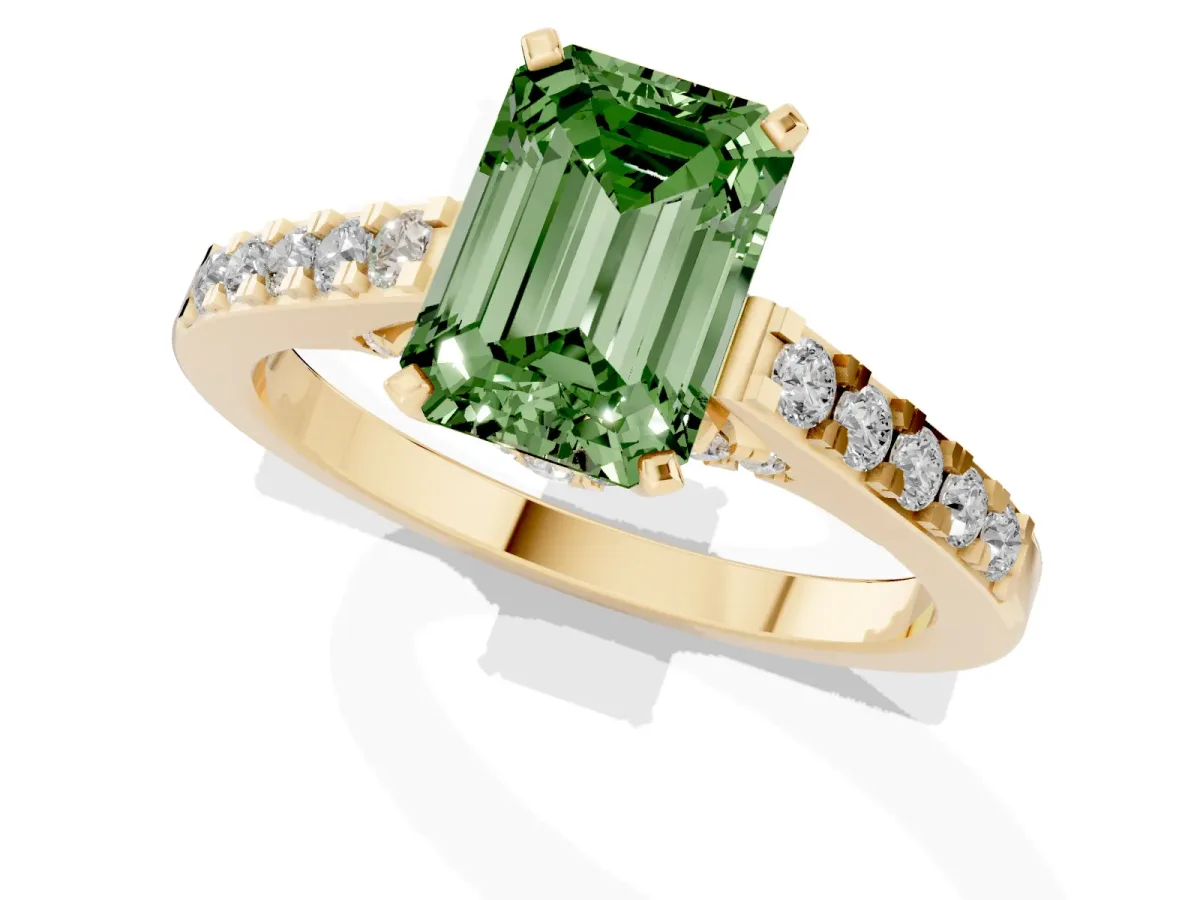 Fancy Green Emerald Cut Diamond Solitaire Ring with Crossover Gallery and Round Pavé Band Yellow gold