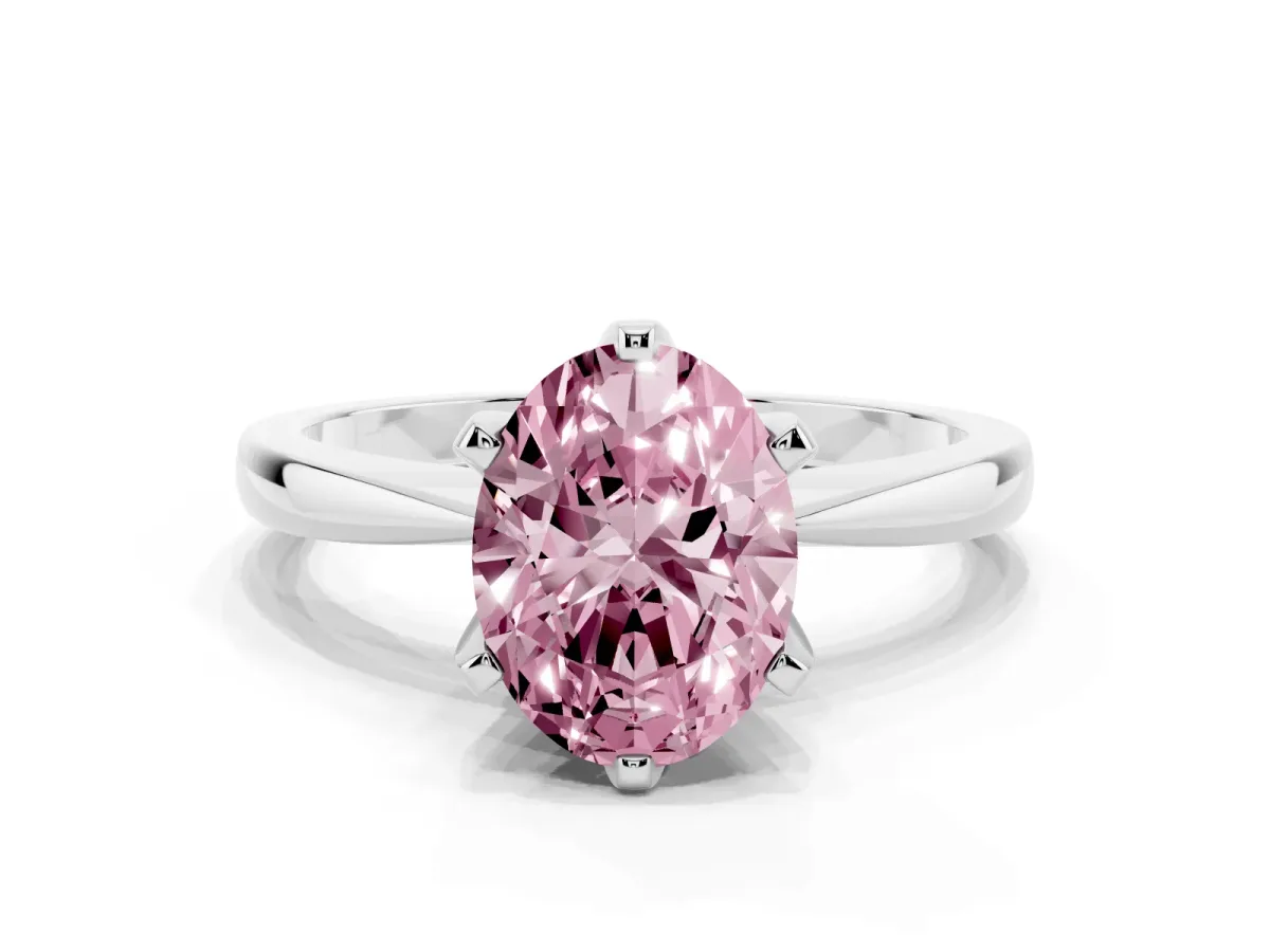 Fancy Pink Oval Cut Solitaire Engagement Ring with Six-Prong Setting and Tapered Band Silver