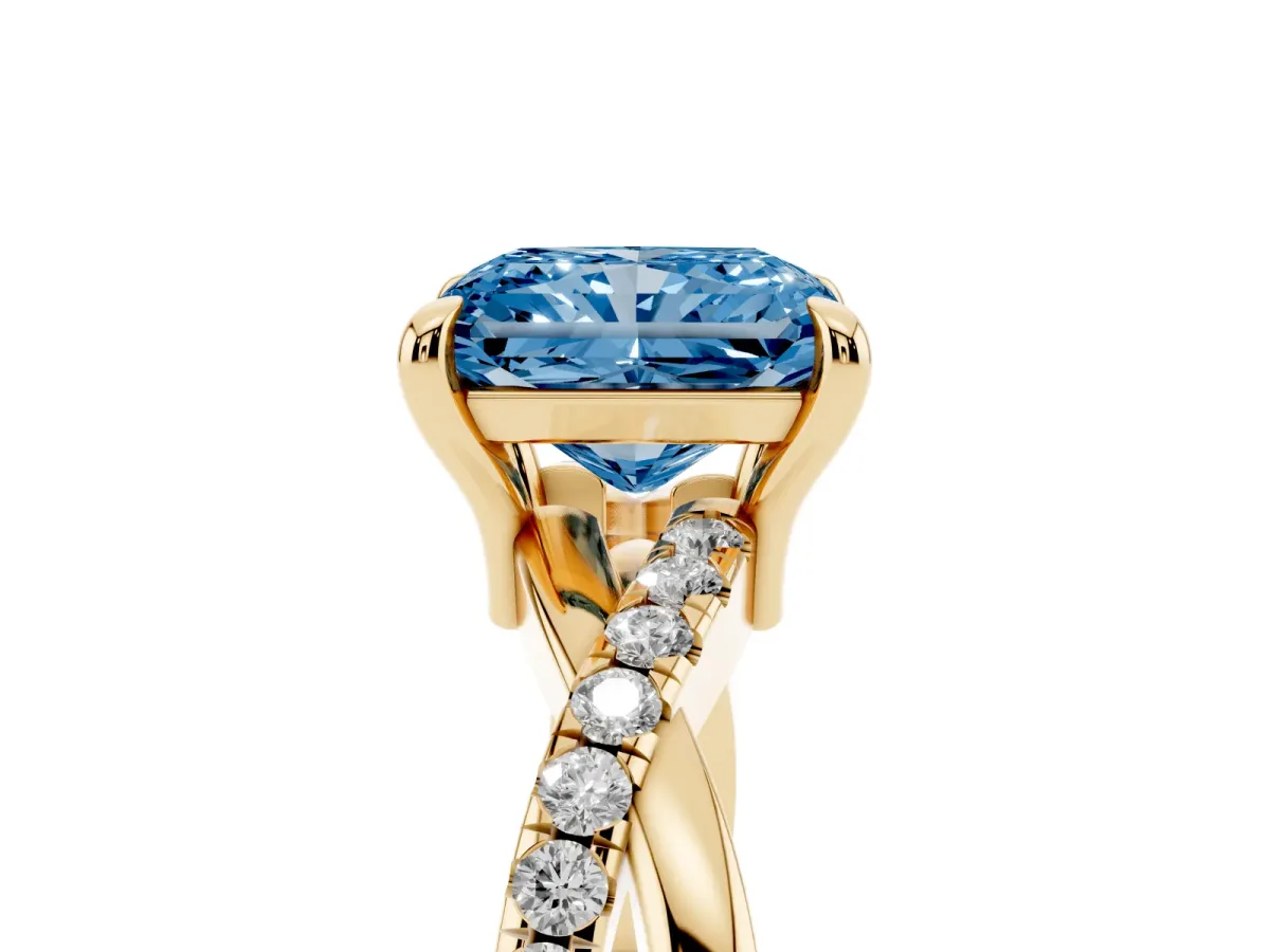 Fancy Blue Radiant Cut Cut Diamond Twist Band Solitaire with Prong Setting Yellow gold