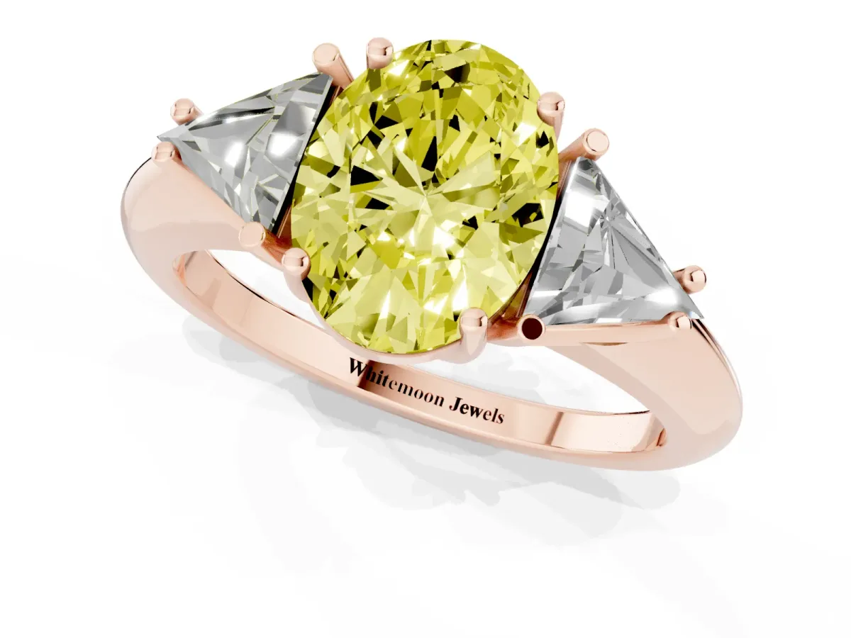 Fancy Yellow Three-Stone Oval Cut Diamond Engagement Ring with Trillion Side Stones and Prong Setting Rose gold