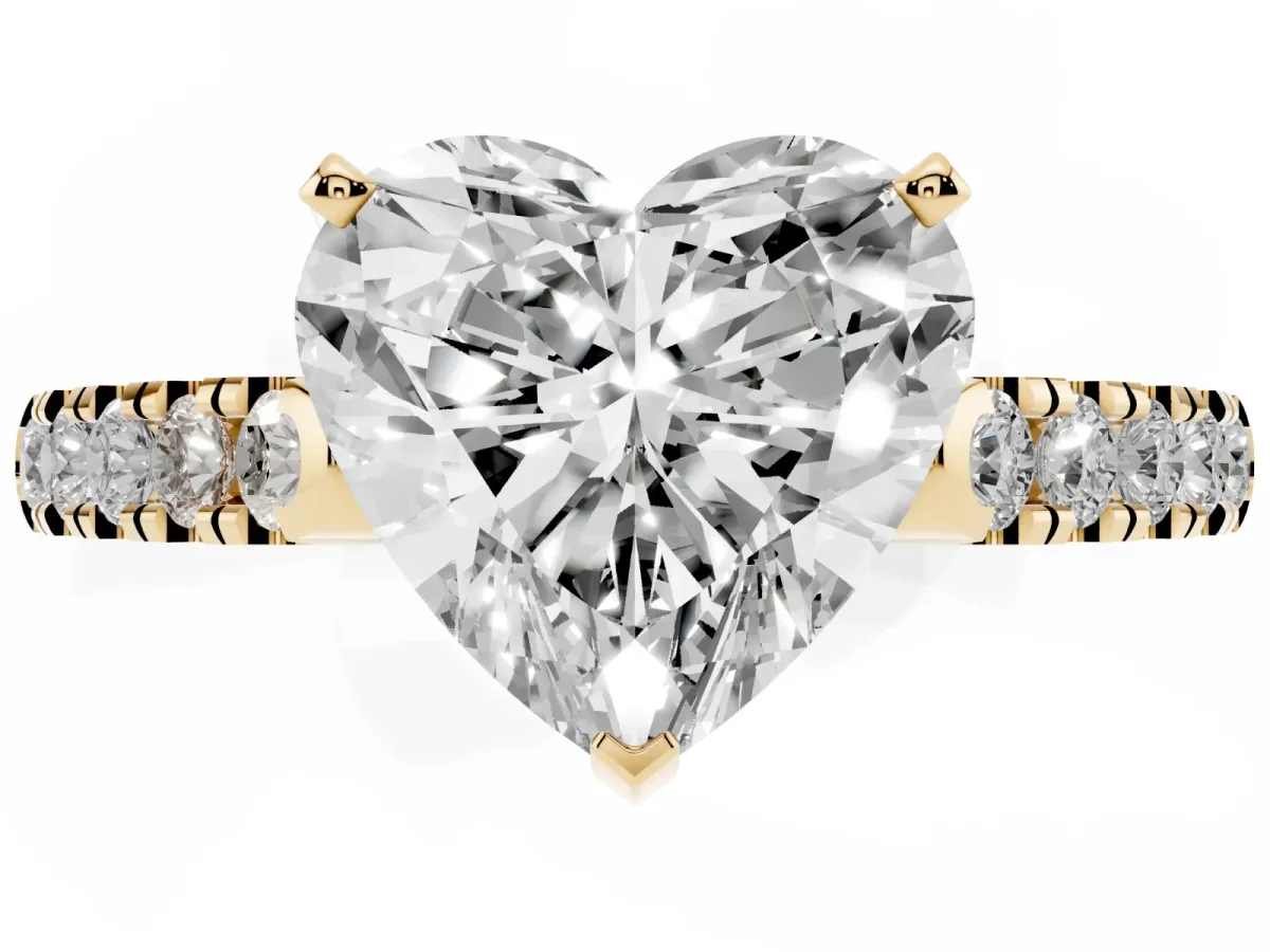 Heart Cut Diamond Pavé Band Solitaire Ring with Prong Setting Yellow gold