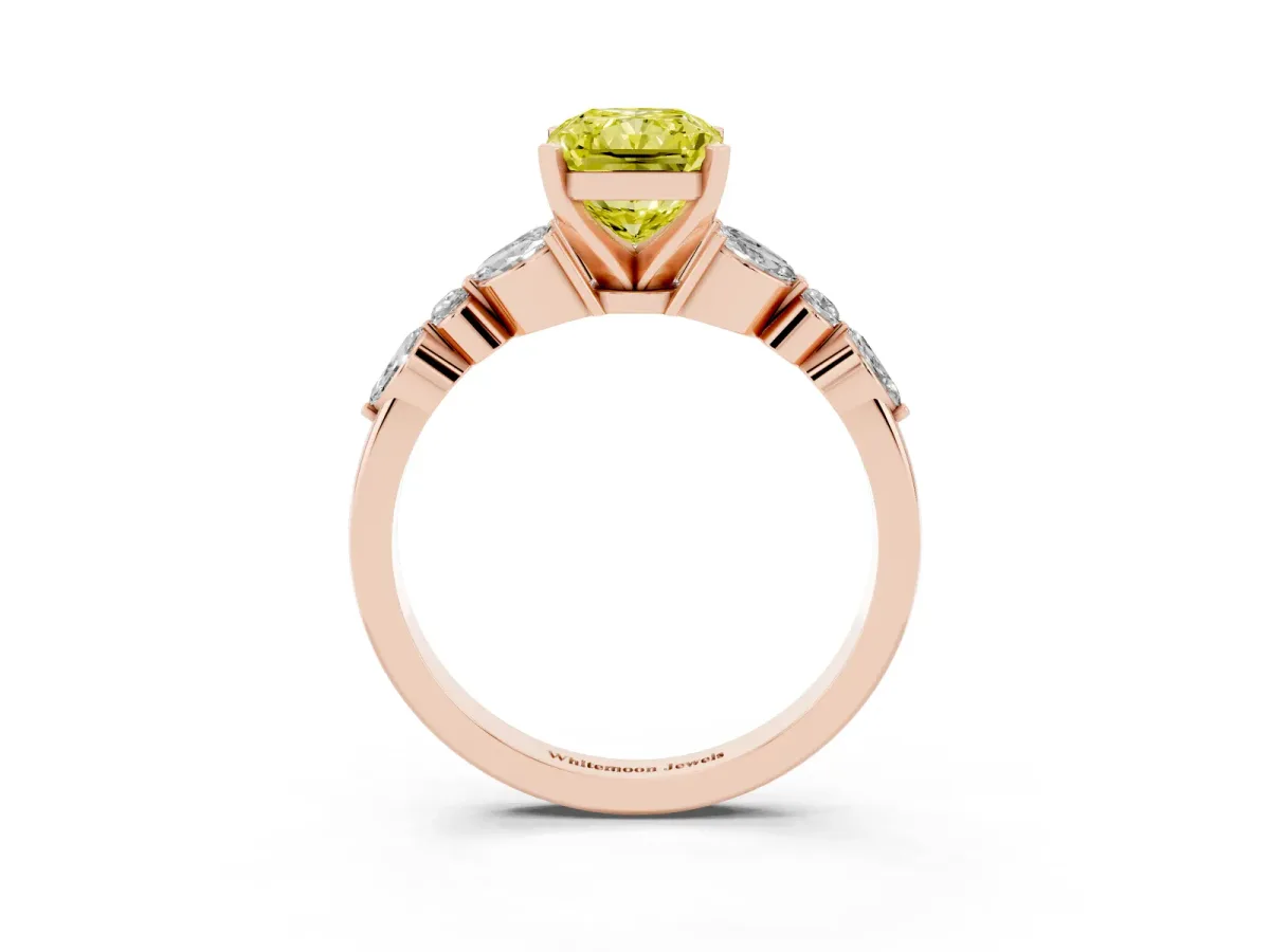 Fancy Yellow Radiant Cut Diamond Solitaire Ring with Side Stones and Four-Prong Setting Rose gold