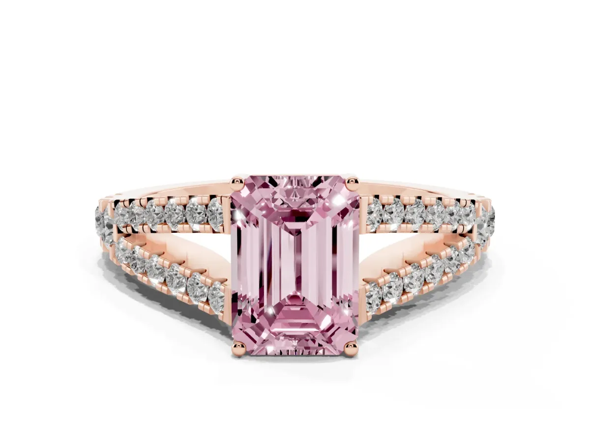 Fancy Pink Emerald Cut Diamond Split Shank Pavé Engagement Ring with Four-Prong Setting Rose gold