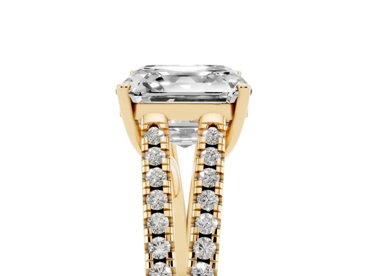 Asscher Cut Diamond Solitaire Engagement Ring with Split Shank Pavé Band Yellow gold