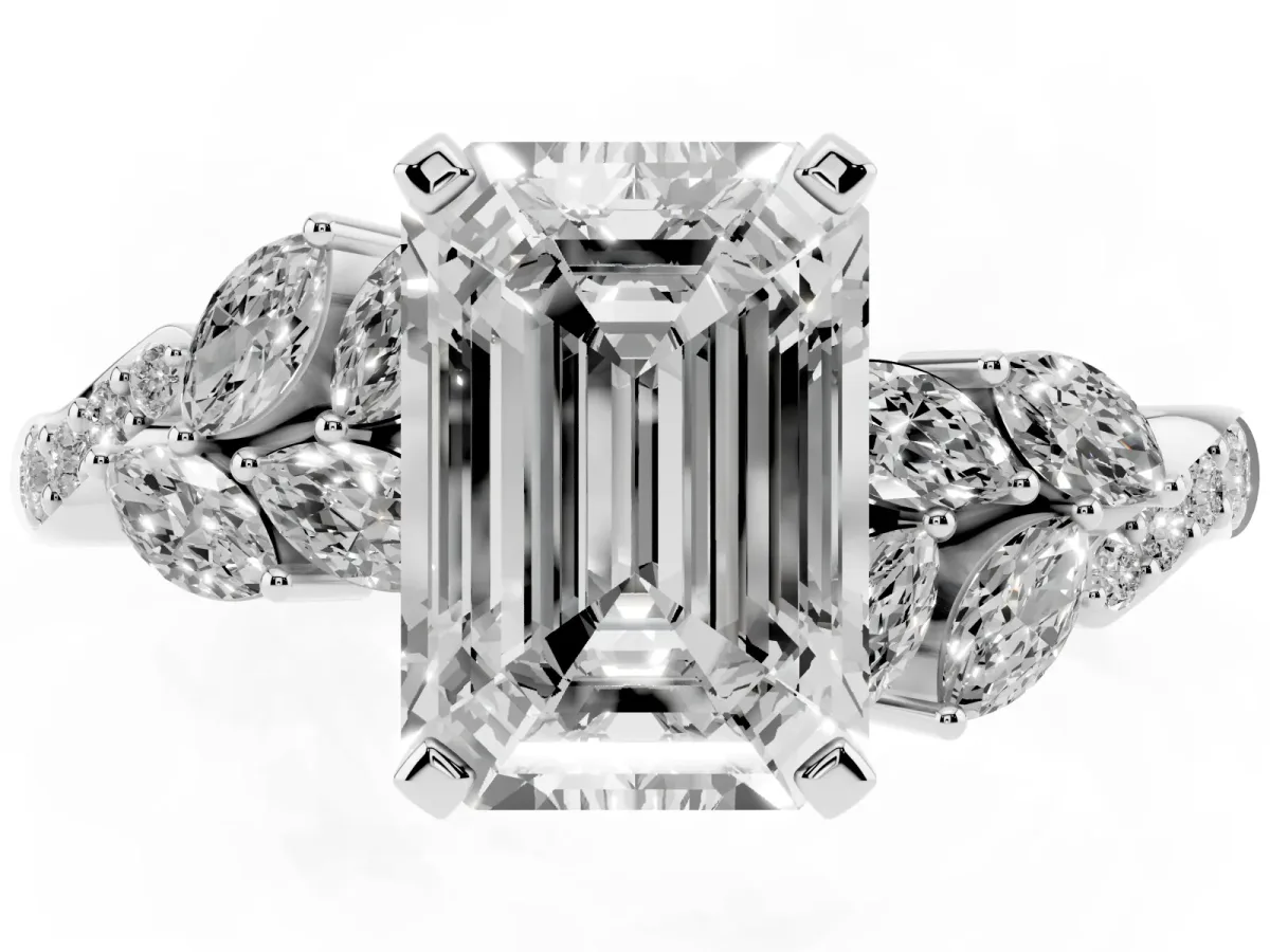 Emerald Cut Solitaire Marquise Twist Band with Six-Prong Setting Silver