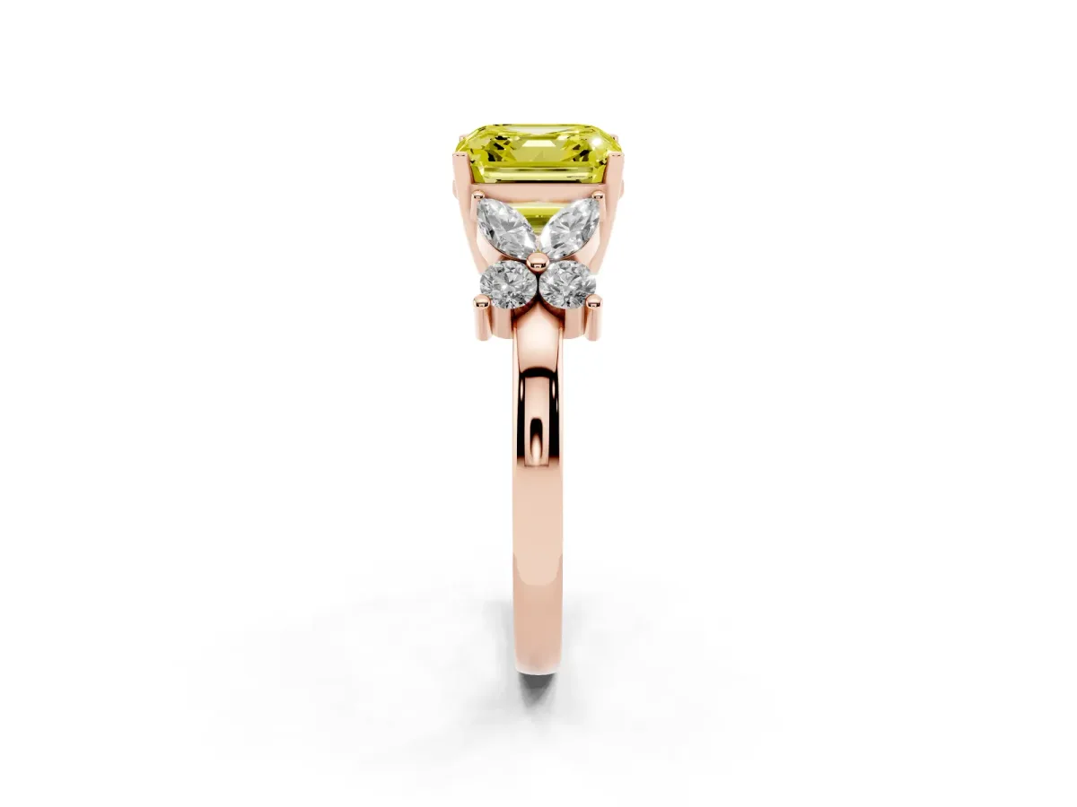 Fancy Yellow Asscher Cut Diamond Floral Cluster Ring with Solitaire Band and Prong Setting Rose gold