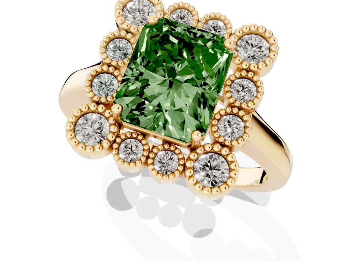 Fancy Green Radiant Cut Halo Diamond Cluster Engagement Ring with Milgrain Bezel Setting and Solitaire Band Yellow gold