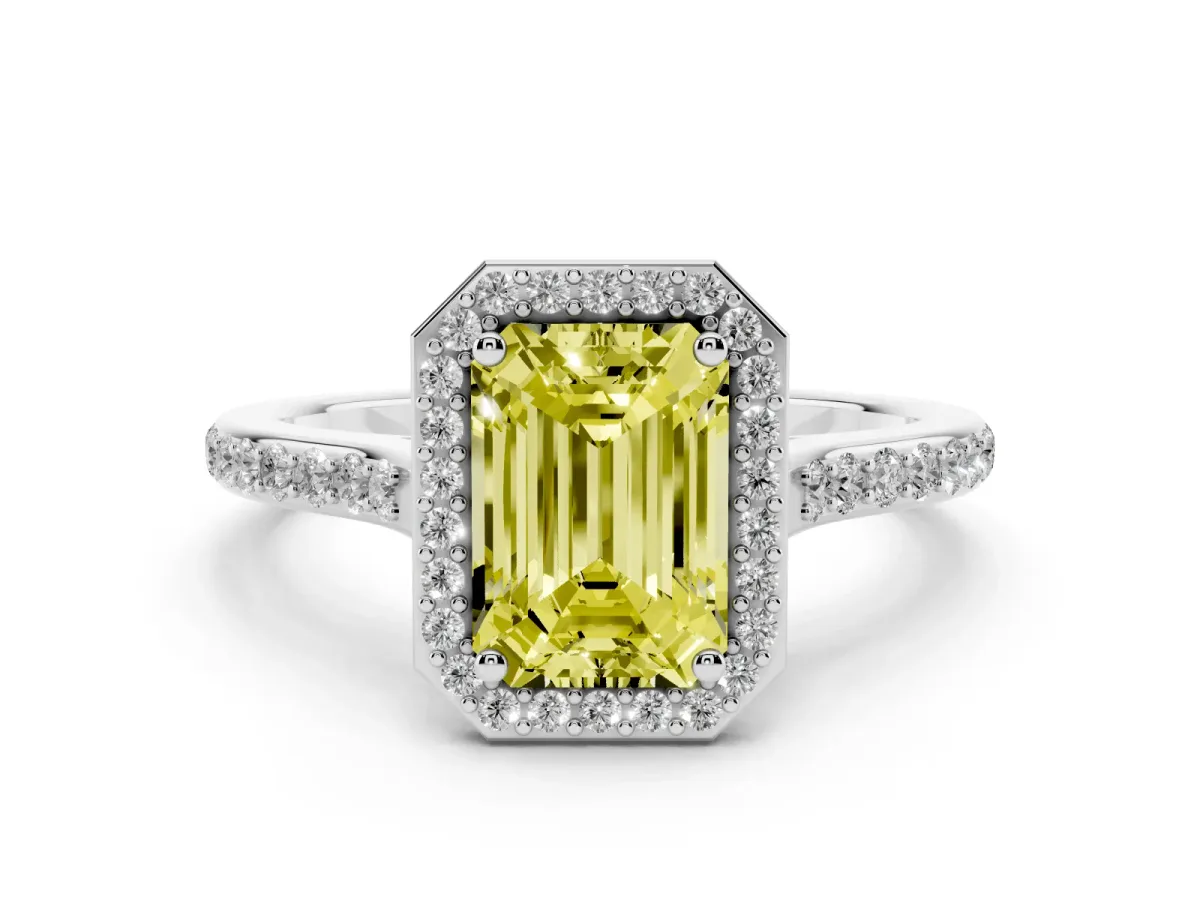 Fancy Yellow Emerald Cut Diamond Halo Engagement Ring with Round Pavé Shoulders and Prong Setting White gold