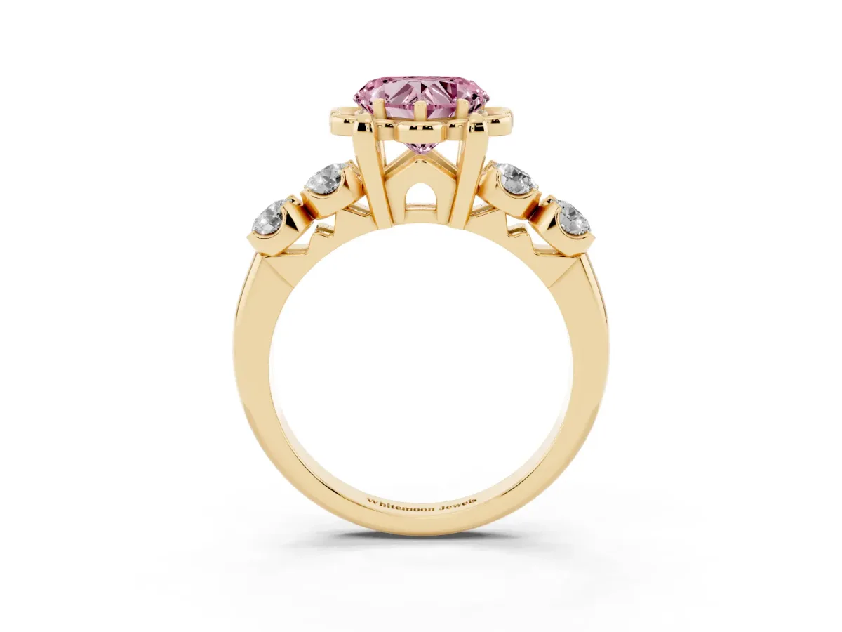 Fancy Pink Heart Cut Cut Diamond Floral Halo Engagement Ring with Shared Prong Setting Yellow gold
