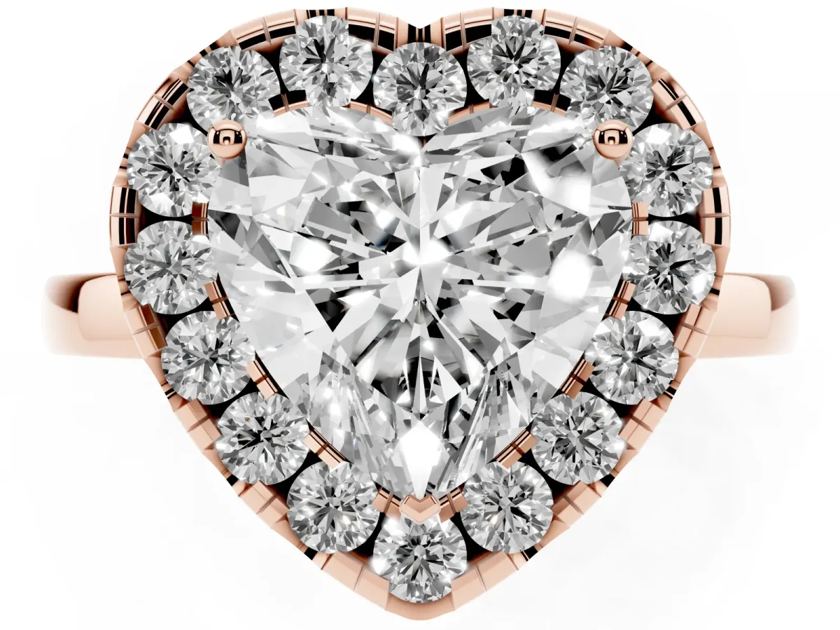 Heart Cut Halo Diamond Solitaire with Pavé Band and Four-Prong Setting Rose gold