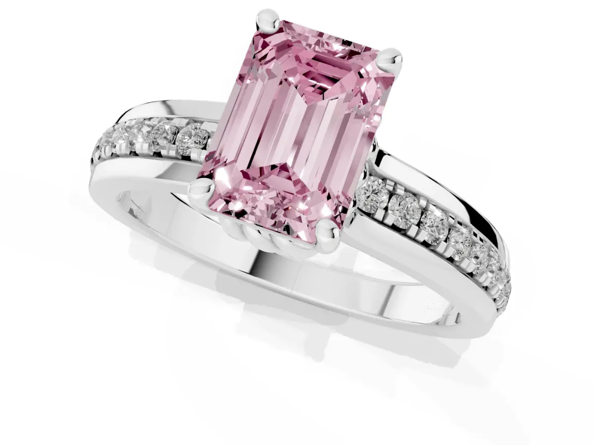 Fancy Pink Emerald Cut Solitaire Diamond Ring with Channel Set Band and Six-Prong Setting Silver