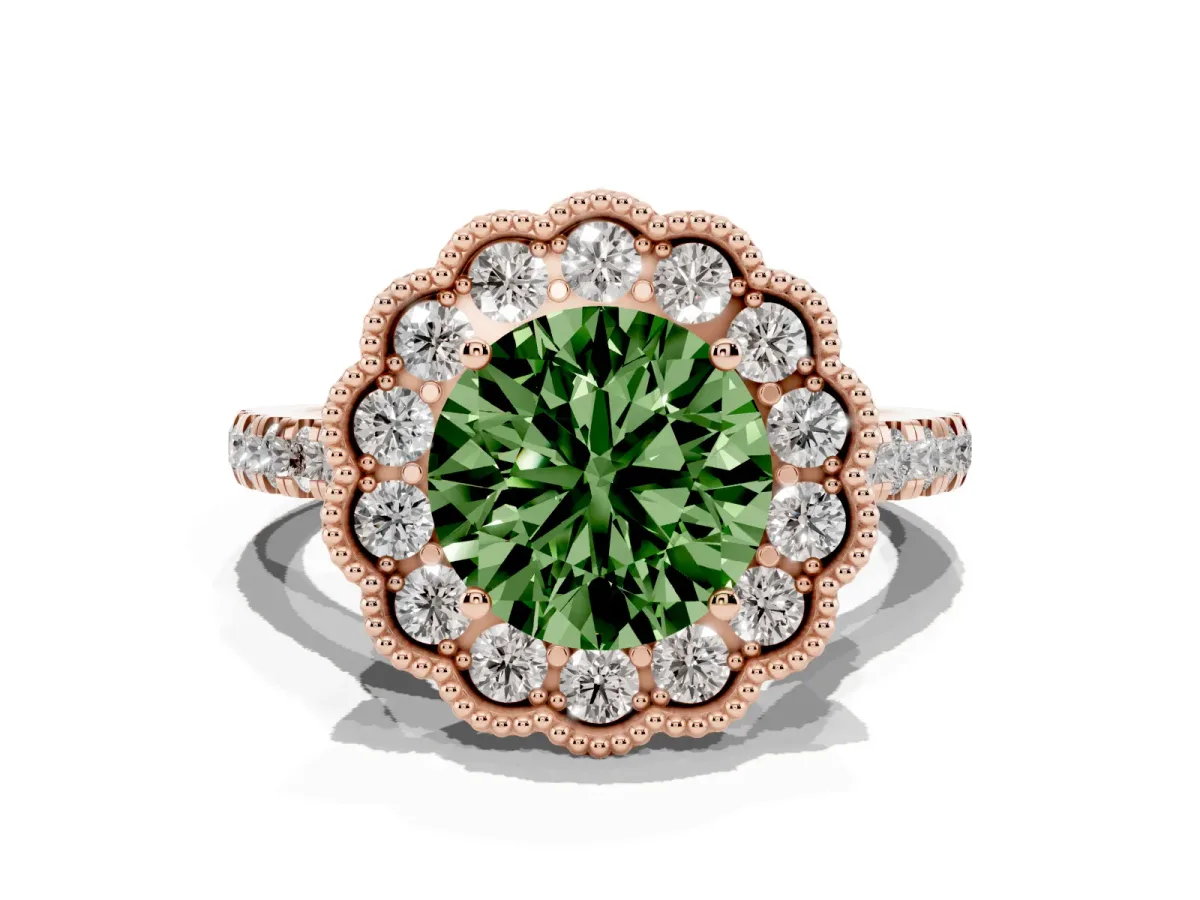 Fancy Green Round Cut Cut Diamond Milgrain Floral Halo Engagement Ring with Pavé Band Rose gold