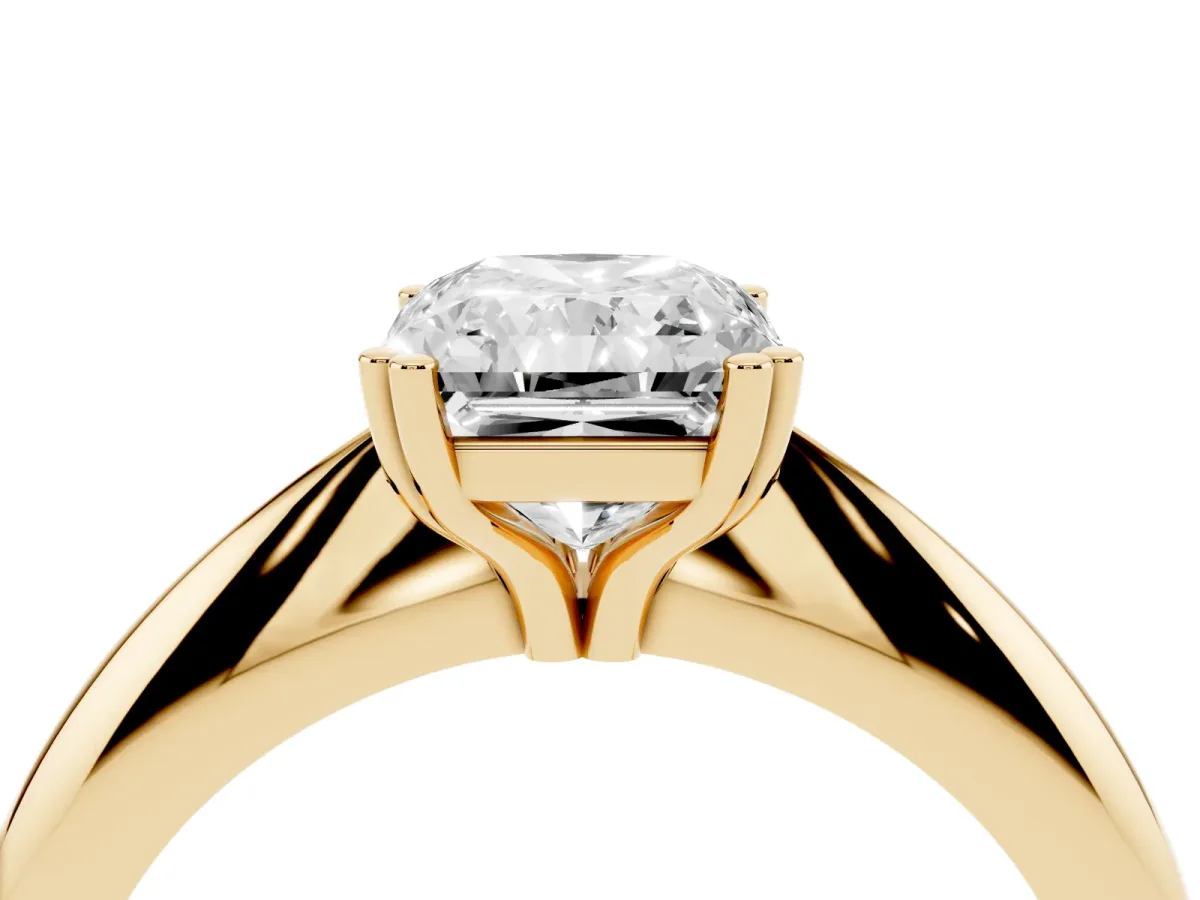 Radiant Cut Cut Solitaire Engagement Ring with Tapered Band and Four-Prong Setting Yellow gold