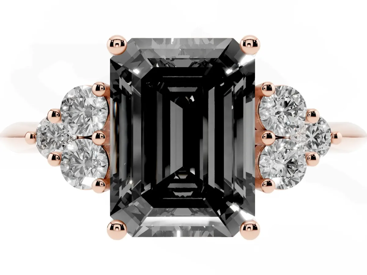 Fancy Black Emerald Cut Cut Diamond Cluster Ring with Solitaire Band and Four-Prong Setting Rose gold