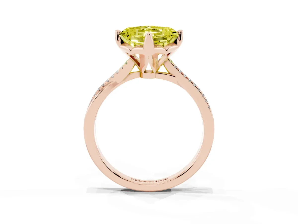 Fancy Yellow Asscher Cut Solitaire Twist Band with Pavé Diamonds and Four-Prong Setting Rose gold