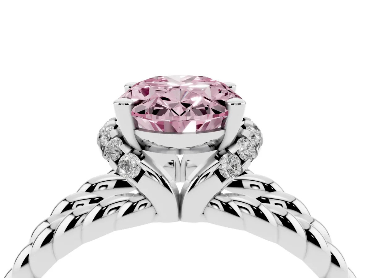 Fancy Pink Oval Cut Halo Twisted Band Four-Prong Ring Silver