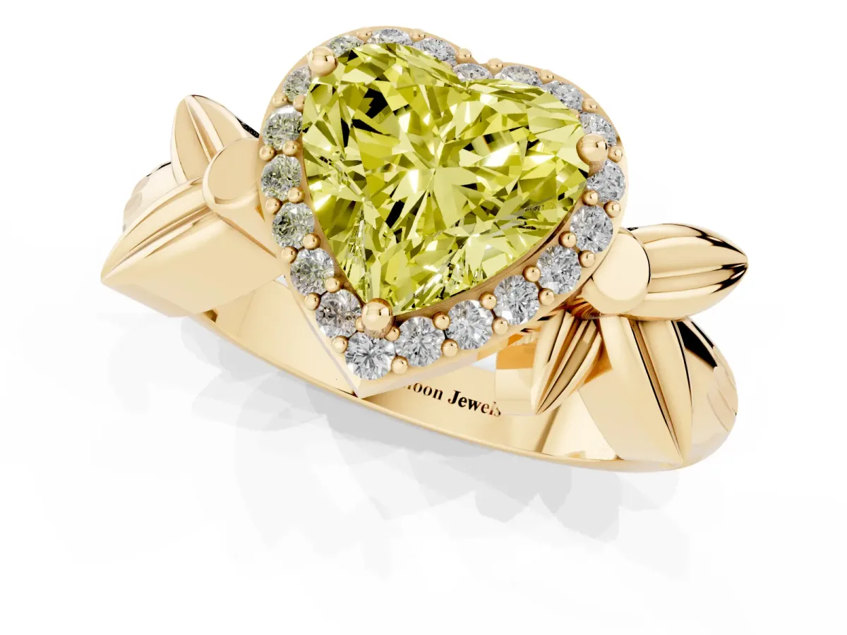 Fancy Yellow Heart Cut Halo Diamond Floral Band with Four-Prong Setting Yellow gold
