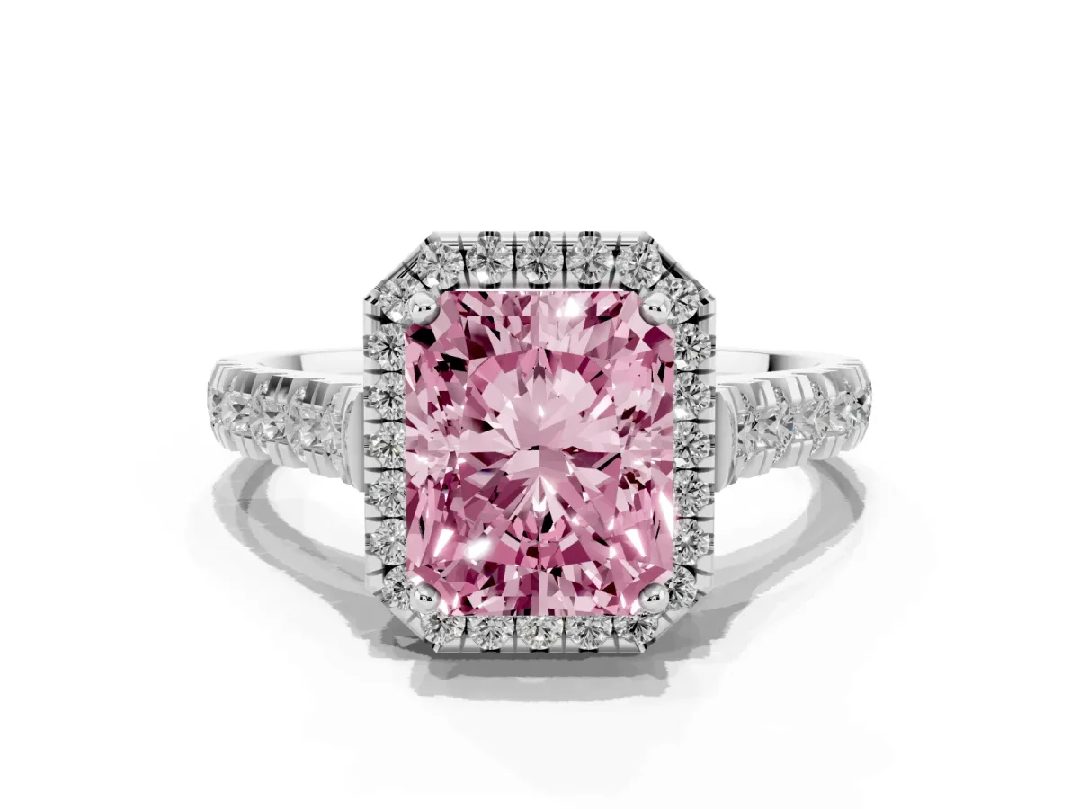 Fancy Pink Radiant Cut Halo Pavé Diamond Engagement Ring with Four-Prong Setting Silver