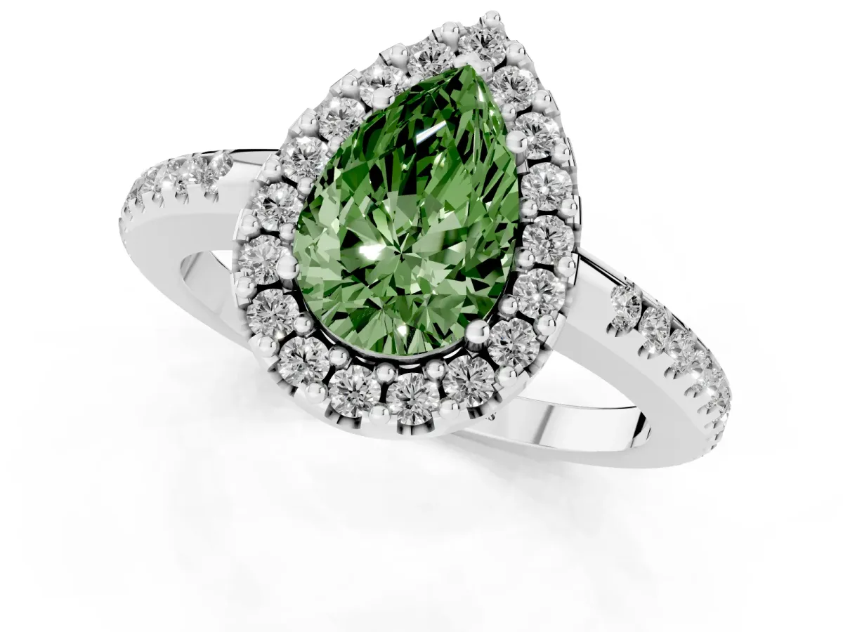 Fancy Green Pear Cut Diamond Pavé Halo Ring with Four-Prong Setting Platinum