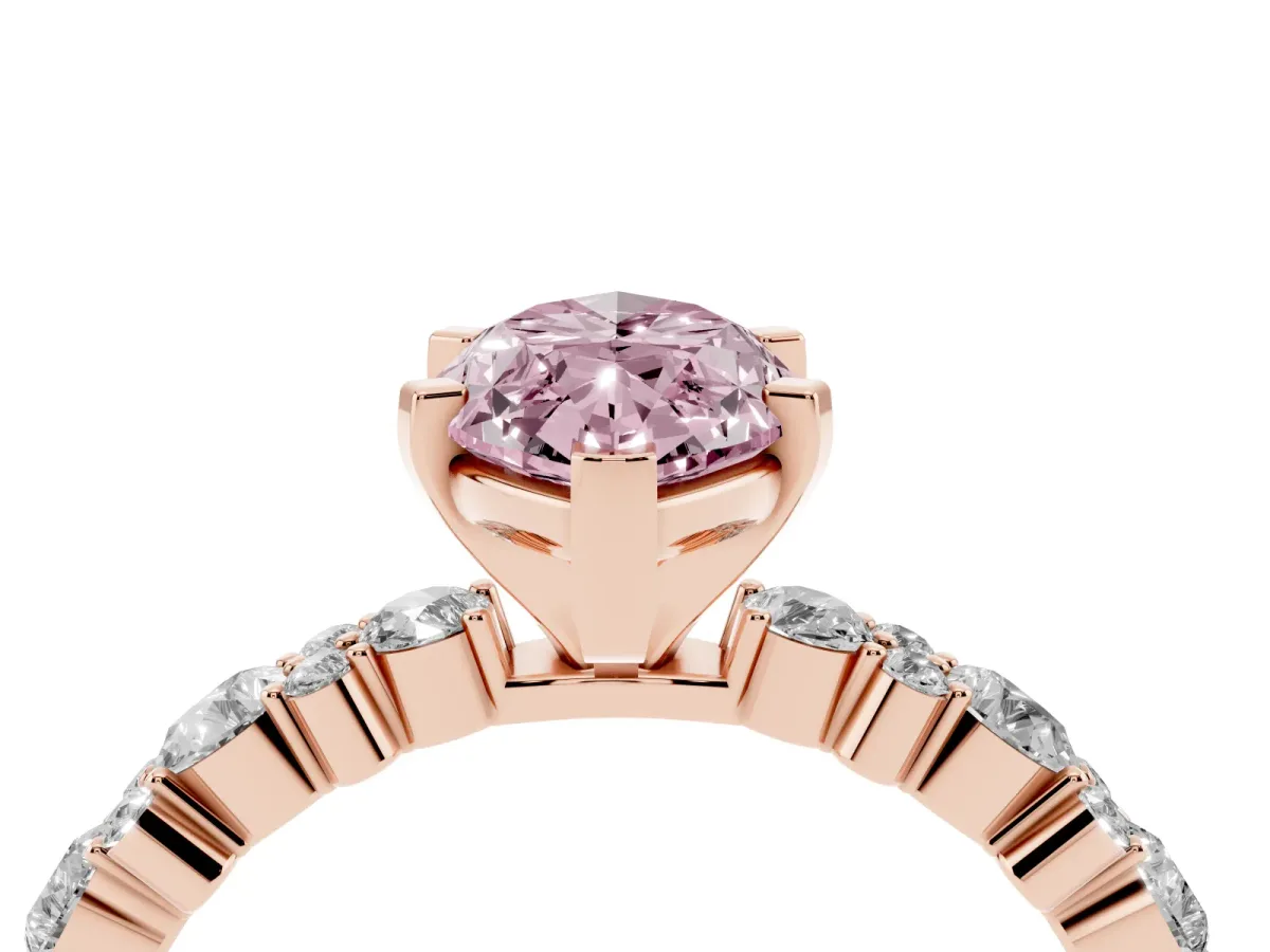 Fancy Pink Marquise Cut Diamond Side Stone Solitaire Ring with Round and Four-Prong Setting Rose gold