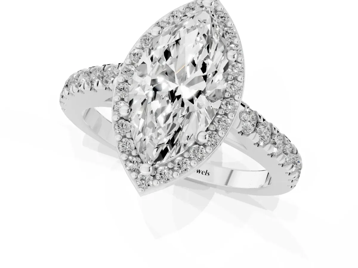 Marquise Cut Cut Halo Diamond Engagement Ring with Pave Band and Four-Prong Setting Silver