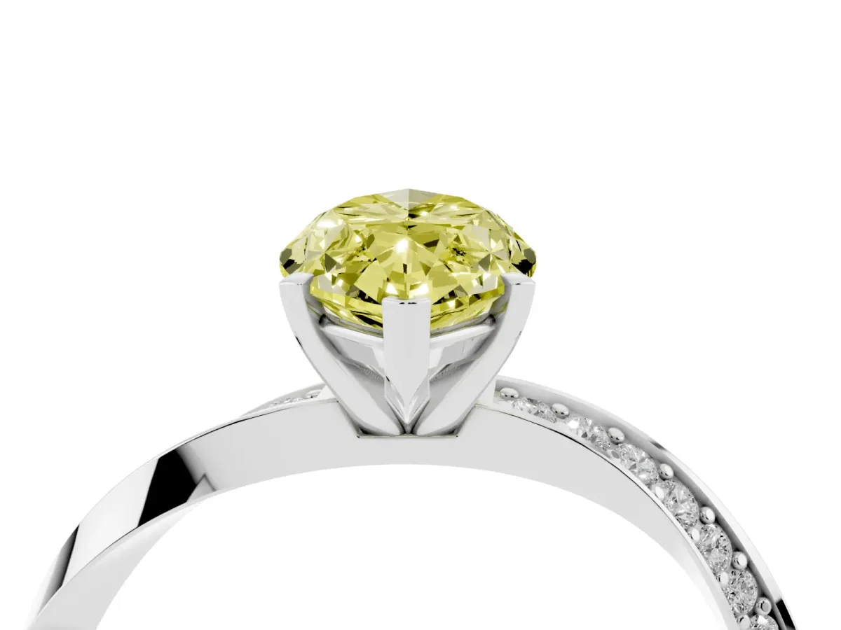 Fancy Yellow Marquise Cut Diamond Engagement Ring with Side Stone Accents and Four-Prong Setting Silver