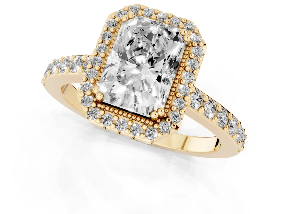Radiant Cut Cut Diamond Halo Engagement Ring with Milgrain Detail and Pavé Band Yellow gold