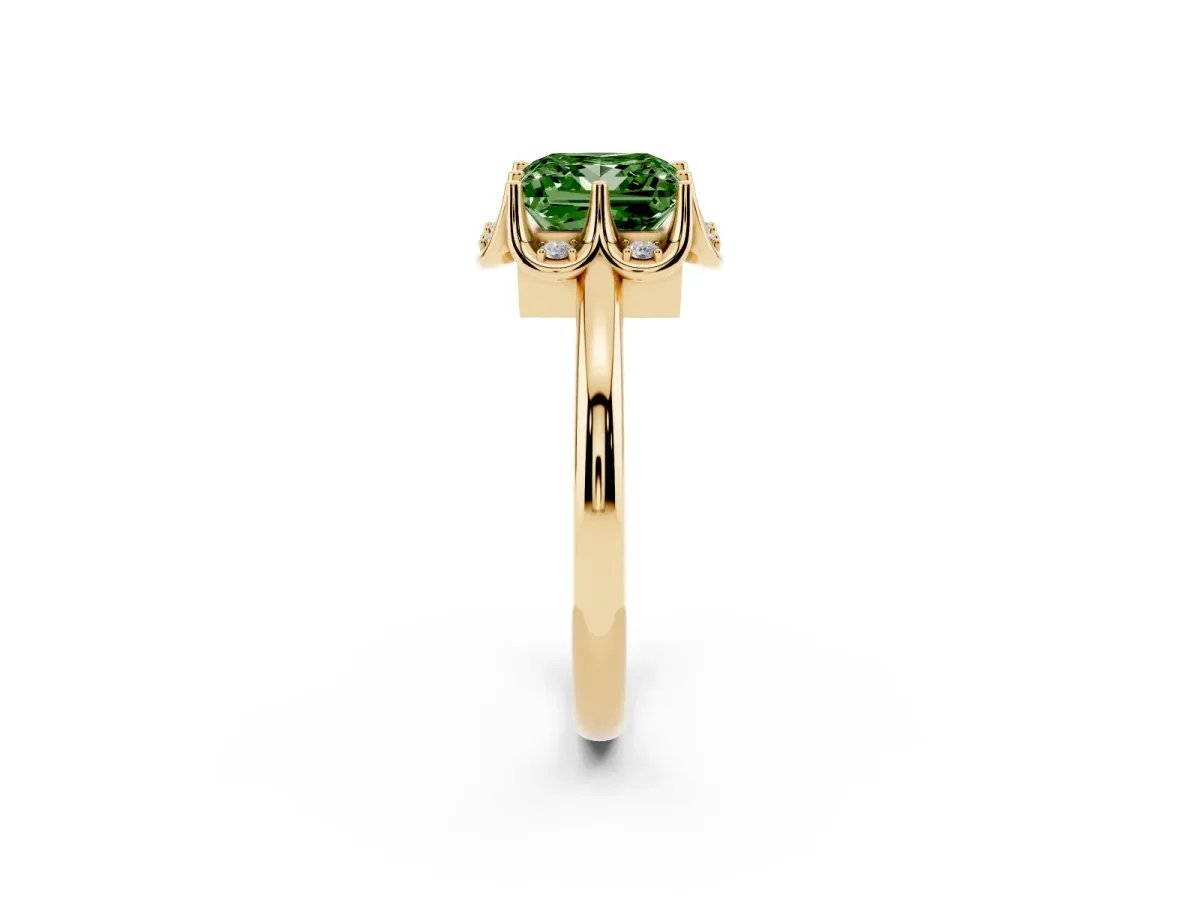 Fancy Green Princess Cut Halo Diamond Ring with Round Cluster Setting, Solitaire Band, and Four-Prong Setting Yellow gold