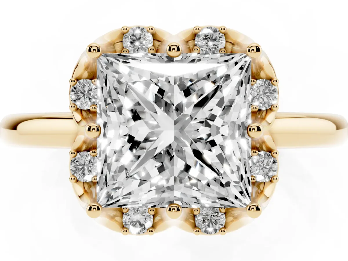 Princess Cut Halo Diamond Ring with Round Cluster Setting, Solitaire Band, and Four-Prong Setting Yellow gold